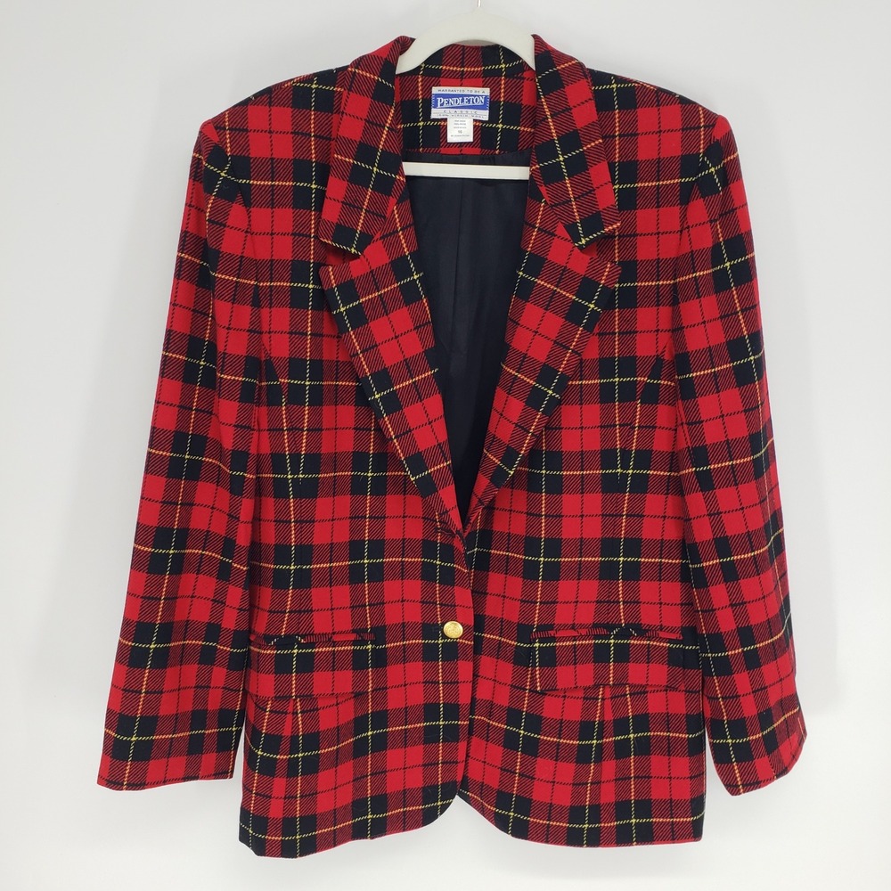 Vintage 90s Pendleton Plaid Wool Blazer Women Size 16 Red Tartan Button Jacket